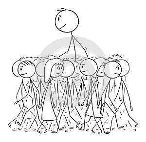 Big Man Walking in Average Crowd, Individuality and Distinctiveness, Vector Cartoon Stick Figure Illustration