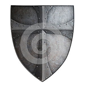 Big medieval crusader's metal shield isolated 3d illustration