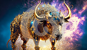 Big menacing bull in gold with jewelry