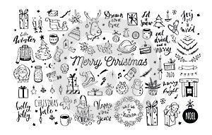 Big Merry Christmas and happy New Year festive vector collection. Different hand drawn doodle elements, Christmas tree