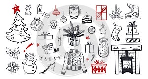 Big Merry Christmas and happy New Year festive vector collection. Different hand drawn doodle elements, Christmas tree