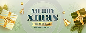 Big merry christmas sale background with xmas ornaments
