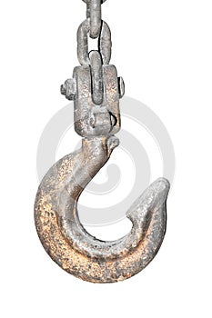 Big metal hook with chain isolated on white background