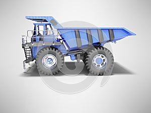 Big mining truck blue side view 3D rendering on gray background with shadow