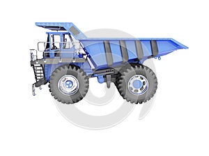 Big mining truck blue side view 3D rendering on white background no shadow