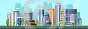 Big modern city illustration. Vector cityscape background. Urban buildings, skyscrapers of business downtown district