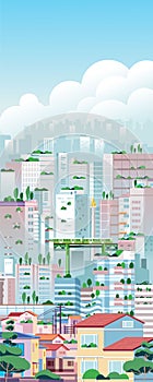 Big modern eco friendly green city landscape cityscape skyscrapers vertikal illustration with many office buildings, apartment,