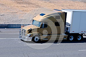 Big modern semi truck with trailer and grille protection
