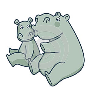 Big mommy hippo kisses her baby in cheek