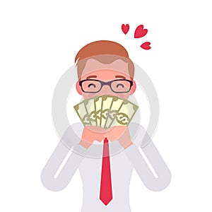 Big money love, man adoring dollar banknotes