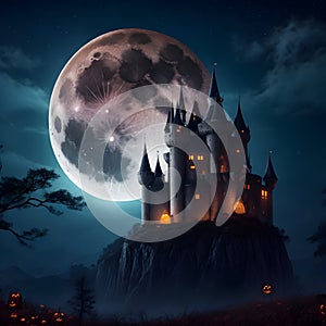 Big Moon and Castle in Halloween Season Background