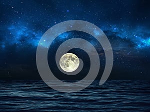Big moon night  bright dramatic sky sunset  big moon and dark blue sea water wave AurorA borealis background copy space template