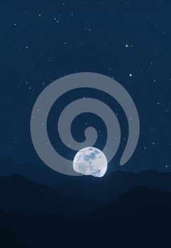 The big moon shines behind mountains with stars and clouds in the background. 3D rendering.