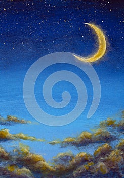 Big moon in starry night sky Oil painting on canvas beautiful warm clouds
