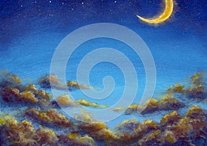 Big moon in starry night sky Oil painting on canvas beautiful warm clouds in summer sky