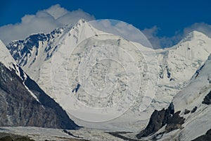 Big mountain snow peak Pobeda in Tian Shan mountains