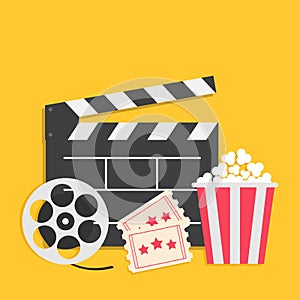 Big movie reel Open clapper board Popcorn box package Ticket Admit one. Three star. Cinema icon set. Yellow background. Flat desig