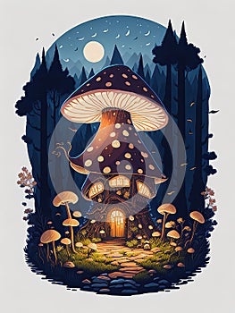 Big Mushroom House, Fairy Tale?Night, Lights, Magic?illustration, AI Generated