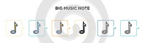 Big music note vector icon in 6 different modern styles. Black, two colored big music note icons designed in filled, outline, line