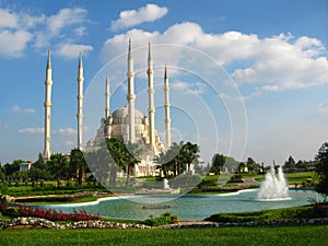 Big muslim mosque with high minarets in the city of Adana, Turkey