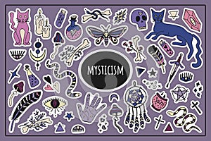 Big  mysticism set vector isolated stickers. Mystical items, witchcraft, spiritism, divination. Hand drawn colored photo