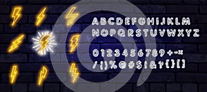 Big Neon set of lightning bolt. Glowing electric flash sign, thunderbolt electricity power icons. Vector lightning set
