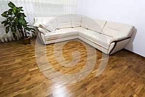Big new beige sofa on wooden parquet floor