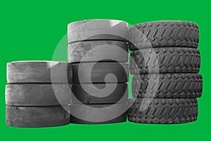 Big new tires for trucks. Car black tires are in a row. Isolated background