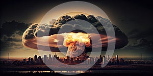 Big nuclear explosion mushroom cloud effect over city skyline for apocalyptical aftermath of nuclear attach . Generate