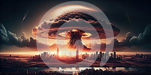 Big nuclear explosion mushroom cloud effect over city skyline for apocalyptical aftermath of nuclear attach . Generate