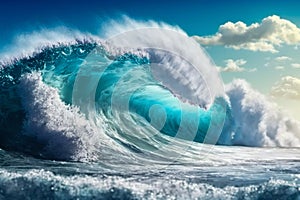 Big ocean clear blue surfer wave tube closeup. Generative AI