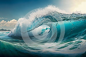 Big ocean clear blue surfer wave tube closeup. Generative AI