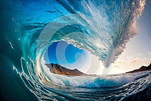 Big ocean clear blue surfer wave tube closeup. Generative AI