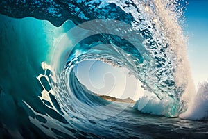 Big ocean clear blue surfer wave tube closeup. Generative AI