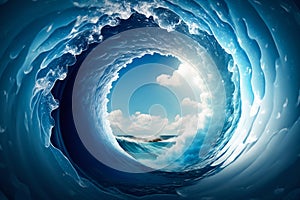 Big ocean clear blue surfer wave tube closeup. Generative AI