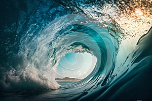 Big ocean clear blue surfer wave tube closeup. Generative AI