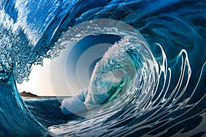 Big ocean clear blue surfer wave tube closeup. Generative AI