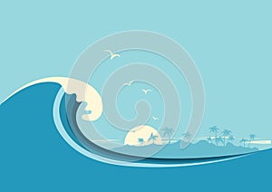 Big ocean wave and tropical island. Vector blue background