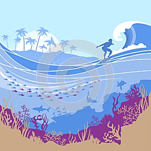 Big ocean wave and tropical island on Vector blue background wit