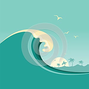 Big ocean wave and tropical island.Vector poster background