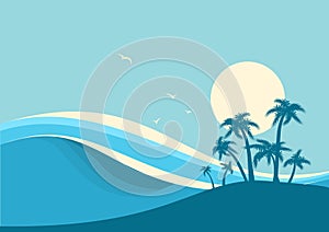 Big ocean waves and tropical island.Vector blue background