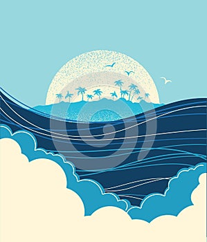 Big ocean waves and tropical island.Vector blue illustration