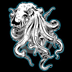 Big Octopus Drawing blackBig Octopus Outline Blue Drawing on black background Vector illustrtion 18