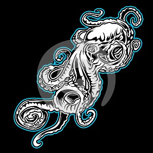 Big Octopus Drawing blackBig Octopus Outline Blue Drawing on black background Vector illustrtion 19 photo