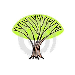 Big old lonely tree with fresh green foliage, spring illustration, vector