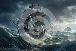 Big Old Sailing Ship Waving On Big Waves During Storm