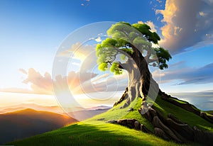 Big old tree and rocks on green grass hill in morning light. AI generative