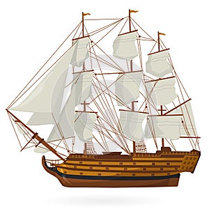 Big old wooden historical sailing boat galleon on white. With sails, mast, brown deck, guns.