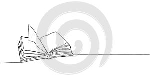 Big open book Y shaped one line art. Continuous line drawing of book, library, education, school, study, literature