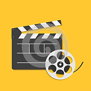 Big open clapper board Movie reel Cinema icon set. Flat design style. Yellow background. Isolated